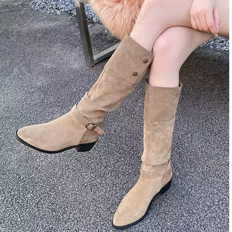 棕色长筒靴复古百搭堆堆靴磨砂高筒靴骑士靴小个子长靴2360-1Y