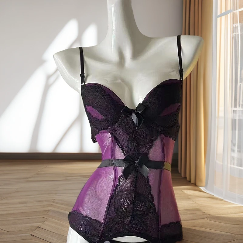 【栩樱】~大码紫色鱼骨蕾丝束腰马甲吊带打底睡衣小胸性感纯欲镂空