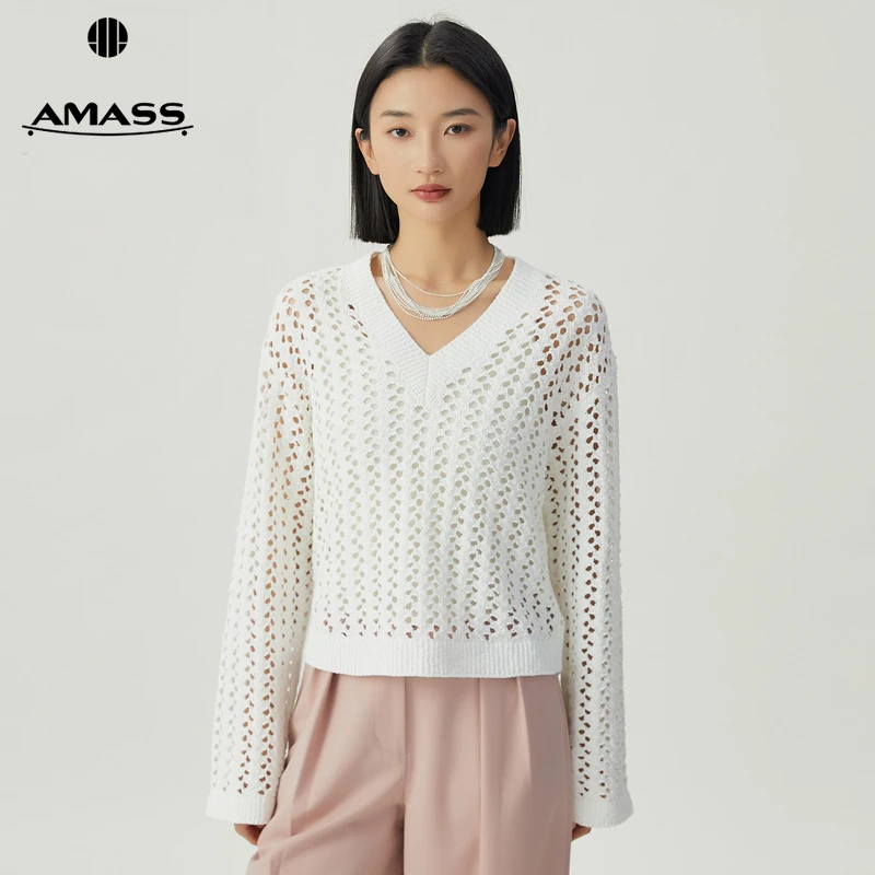 阿玛施AMASS新款百搭质感简约V领镂空造型纯色长袖针织衫5399692