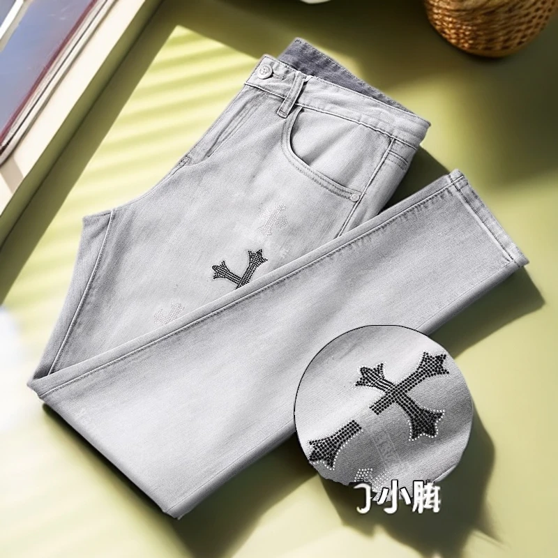 娜罗普西破洞牛仔裤男印花夏季薄款弹力修身小脚长裤浅色青年潮流