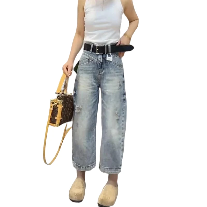 复古破洞牛仔裤女2025年春夏新款大码梨形身材宽松显瘦九分奶奶裤