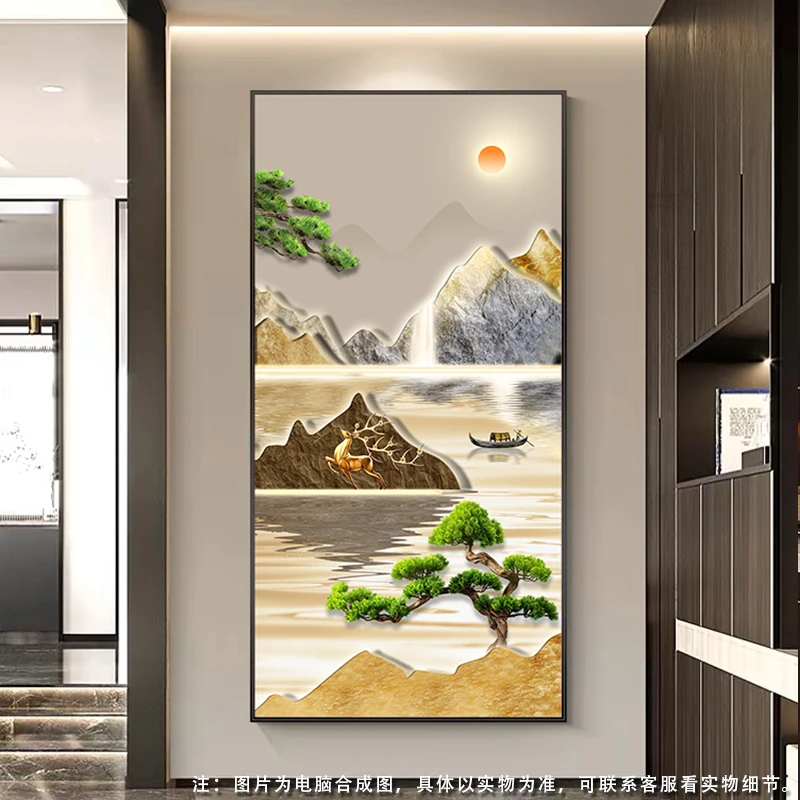 简约玄关装饰画走廊过道新中式挂画迎客松流水寓意晶瓷玄关画