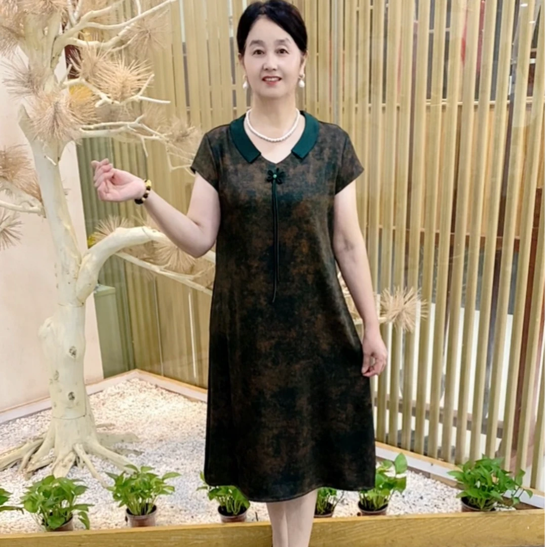 夏季新款妈妈装时尚洋气显瘦百搭复古宽松大码中长款气质连衣裙