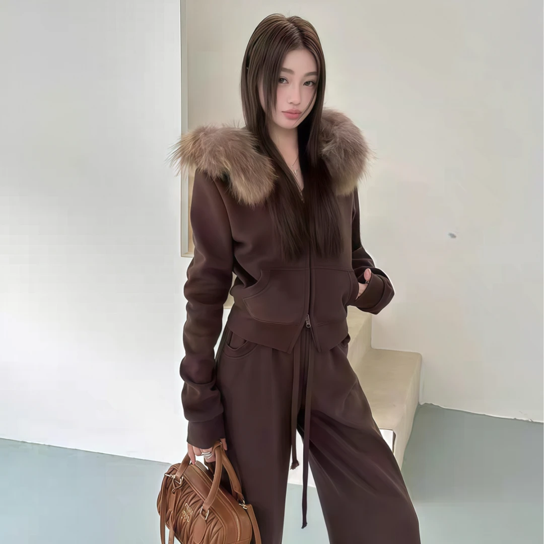 简约休闲百搭套装女2025秋冬新款双拉链连帽款卫衣外套长裤两件套