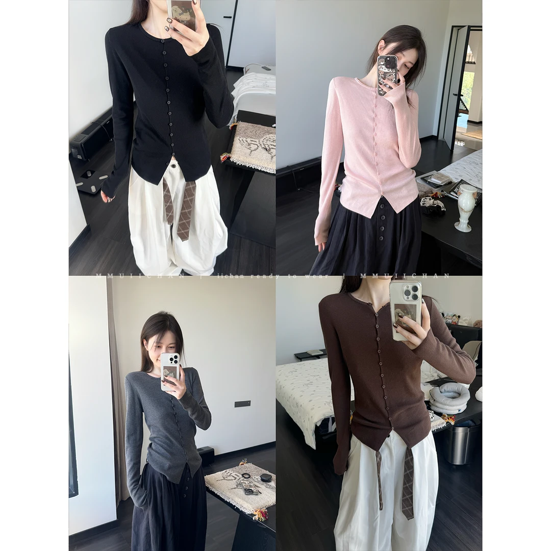 MMUIICHAN 有点颜色~ 一排纽扣的绵羊毛桑蚕丝混纺贴肤软绵绵开衫