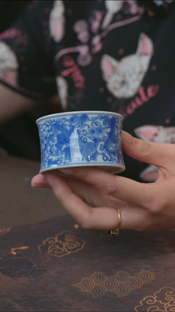 宁封柴窑青花福寿竹节杯