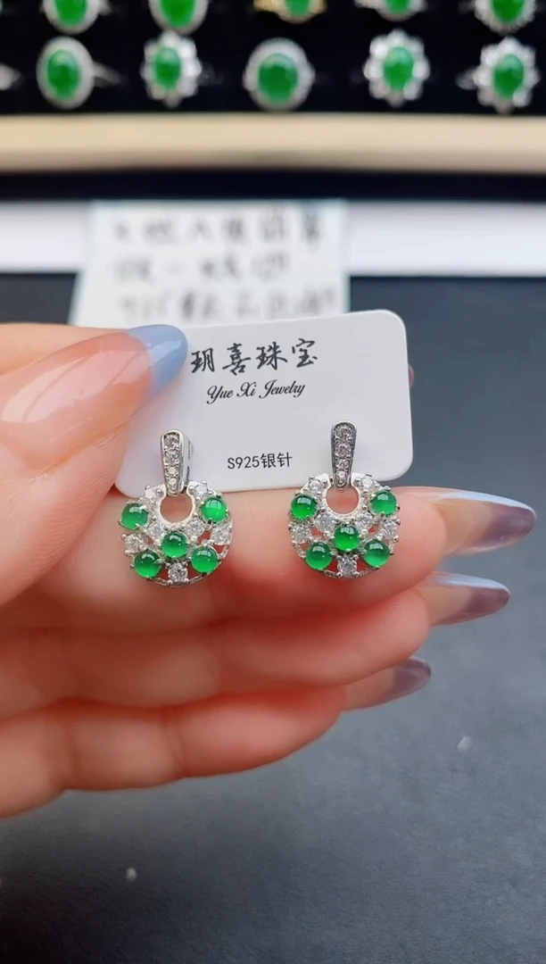 翡翠银S925镶嵌耳饰58500