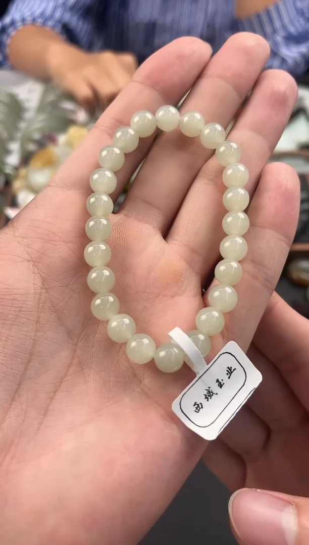 未镶嵌手串和田玉且末高青白手串卡8微色差