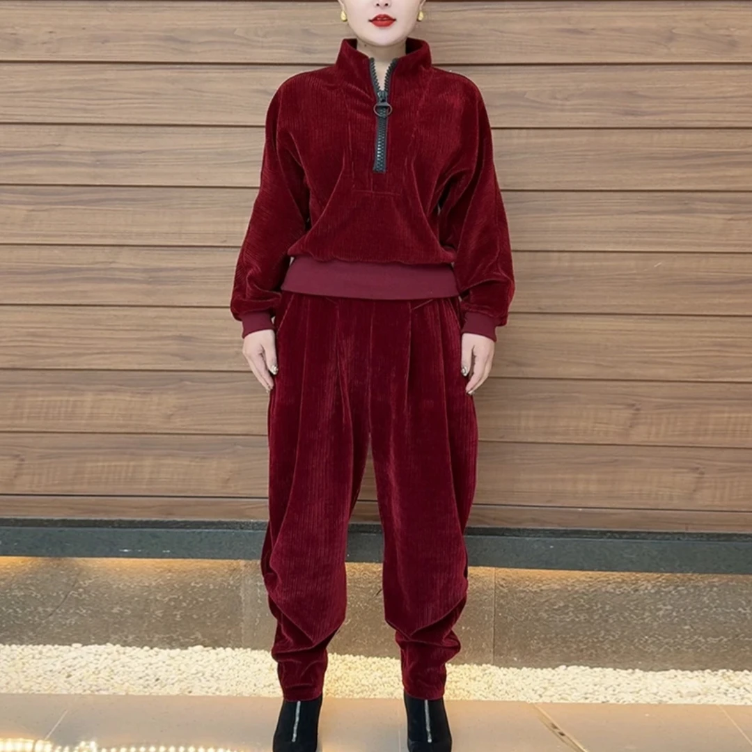 （7918）2025年春季新款半拉链立领显瘦套装中年妈妈休闲减龄两件套