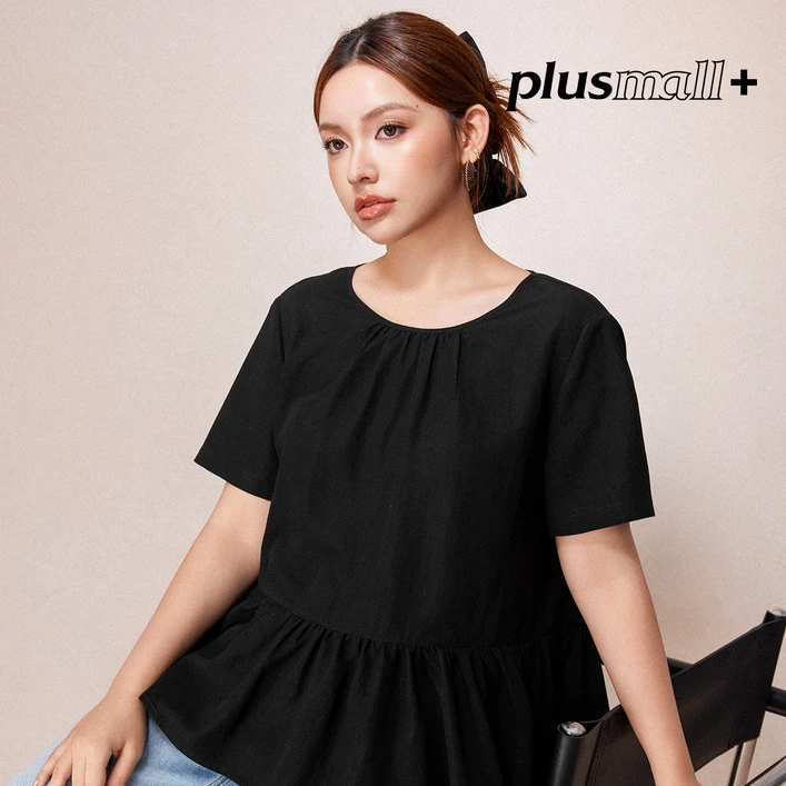 PLUSMALL 轻法巴黎 棉布圆领收腰娃娃衫衬衫短袖上衣PM2506097