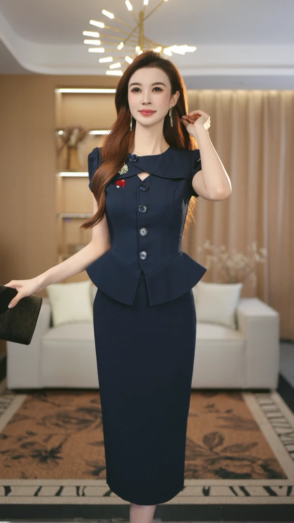 罗曼定制 原创设计藏蓝色收腰修身上衣+气质高级感包臀半身裙套装