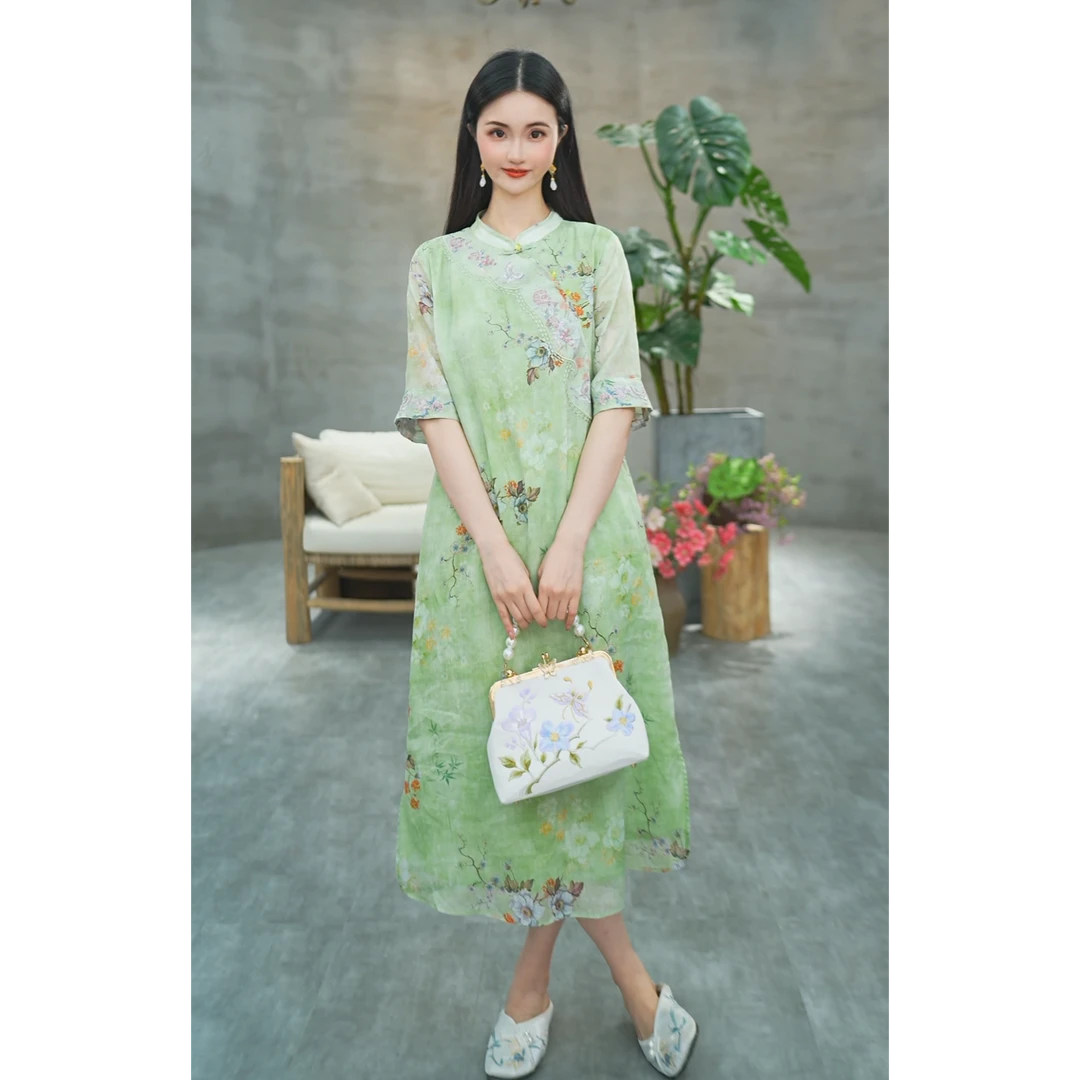 赠李白100支苎麻显瘦原创设计旗袍宽松文艺盘扣宽松大摆裙6679