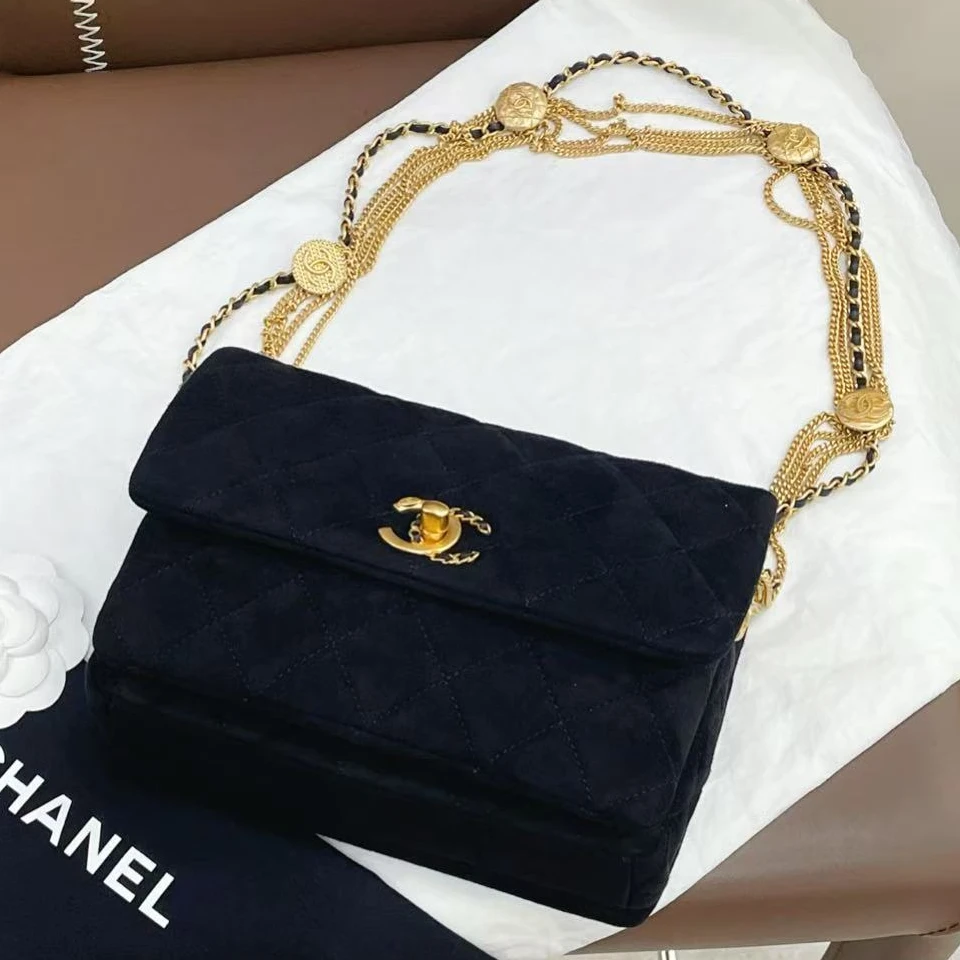 99新 Chanel/香奈儿 香奈儿金扣菱格纹皮穿链 口盖金币包