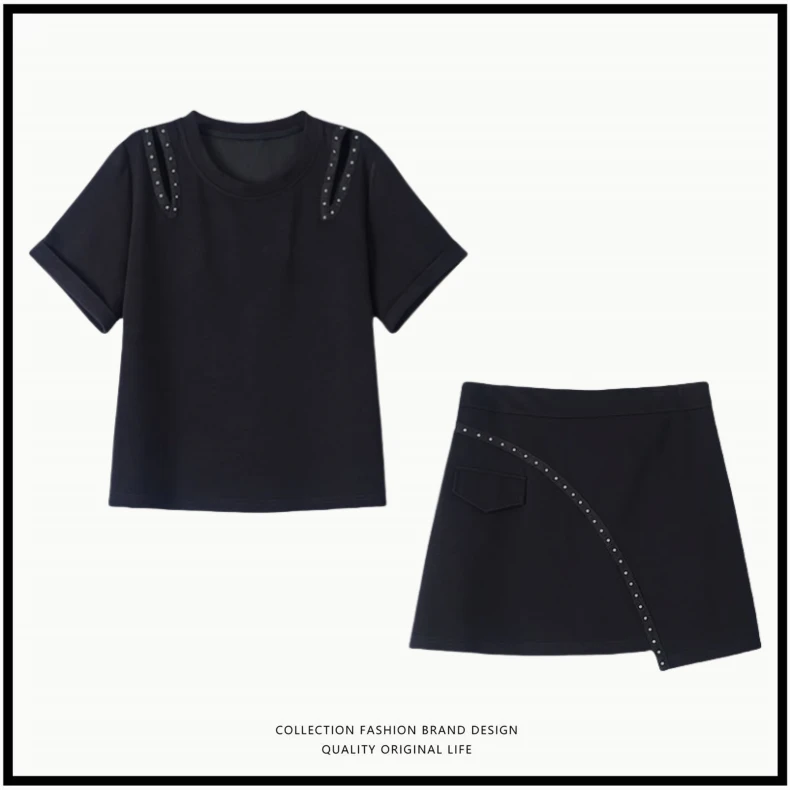 时尚露肩钉珠套装女2025夏季新款休闲显瘦短袖半身裙两件套555#