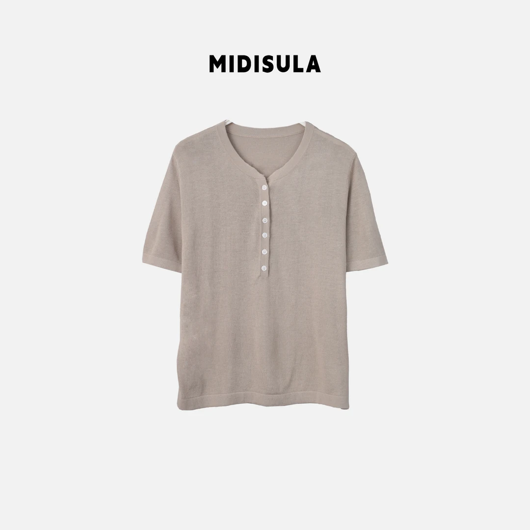 MDSL·新款洋气轻奢简约百搭短袖圆领半扣针织#0584