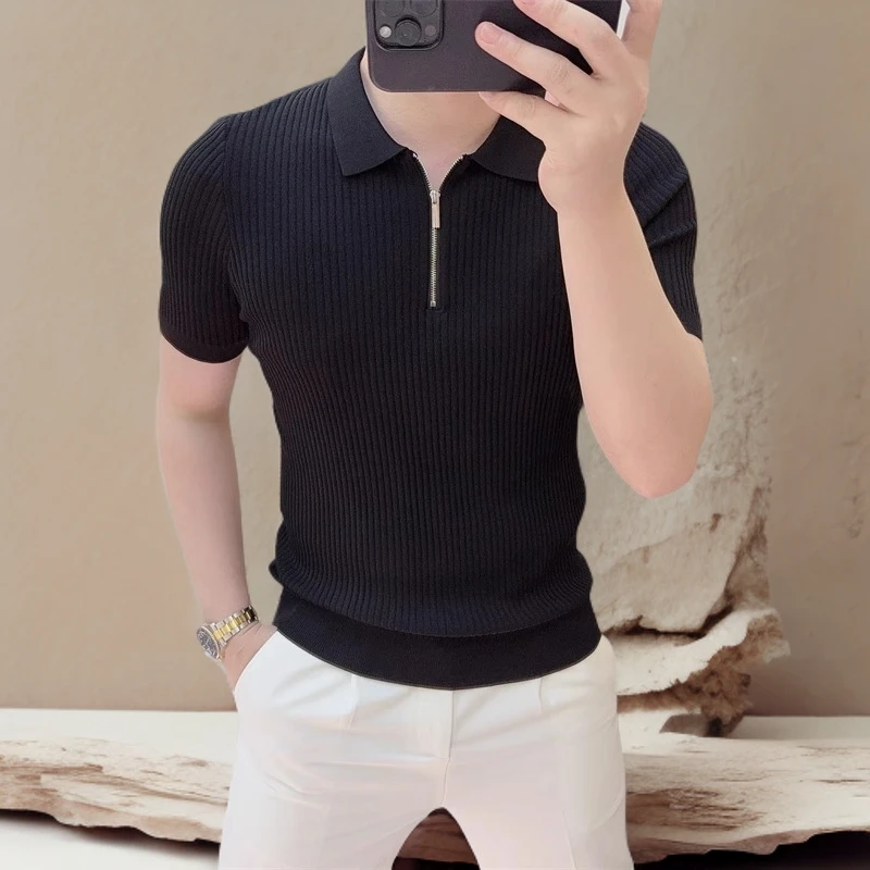 诺顿雷斯男夏季新款修身简约纯色百搭翻领拉链冰丝短袖T恤polo衫