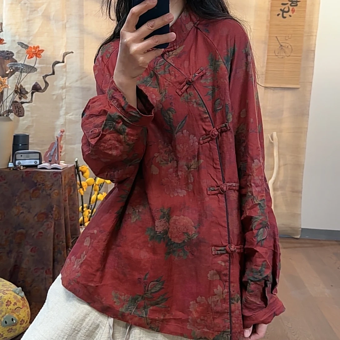 【麻黛儿】复古印花立领斜襟盘扣春款麻衣（长70胸围138）