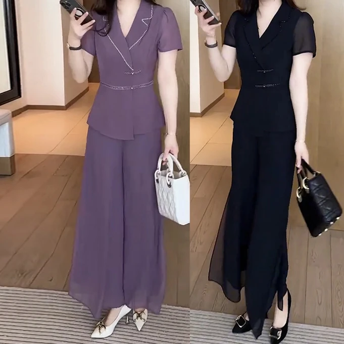 时尚雪纺休闲套装女2025夏季新短袖盘扣国风上衣阔腿裤显瘦两件套