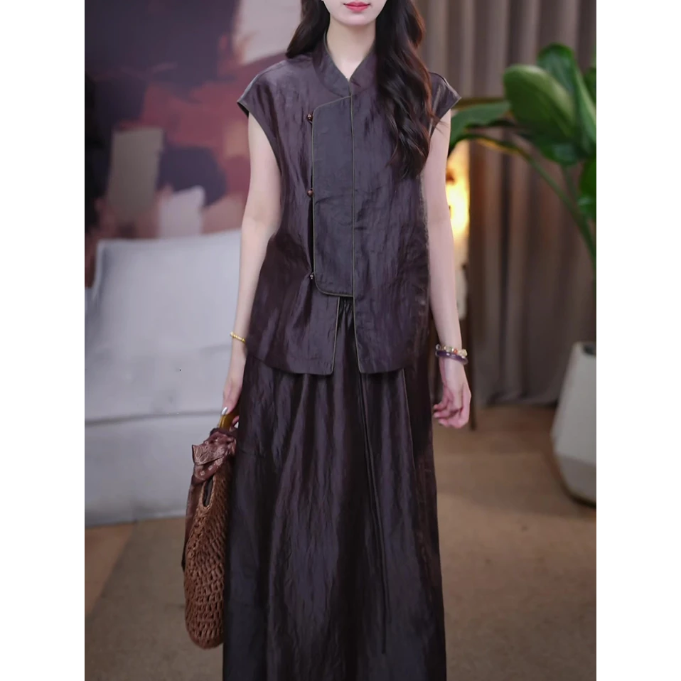 新中式复古文艺套装女2025夏装新款休闲百搭显瘦衬衫+半裙两件套+