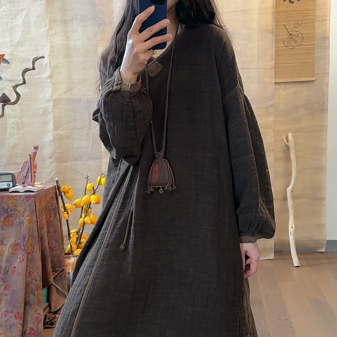 【麻黛儿】飘带双层色织汉麻春款长款麻袍（长118胸围140）