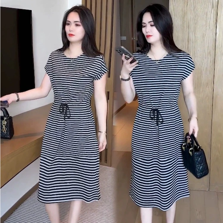 时尚连衣裙女2025夏季新款百搭减龄条纹短袖圆领收腰显瘦中长裙潮
