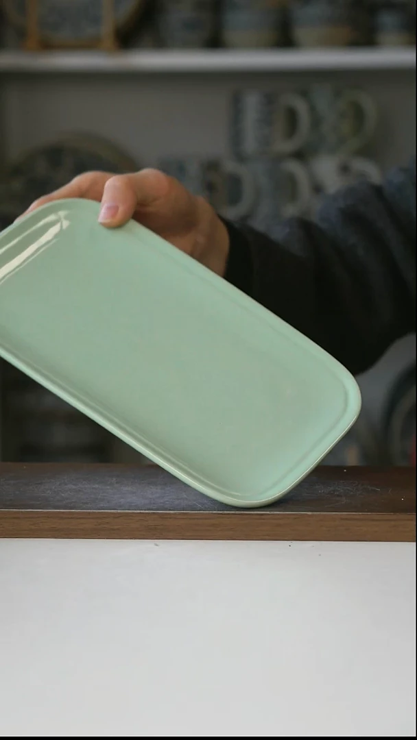 陶马卡龙绿色长方盘23cm@4-2@微瑕