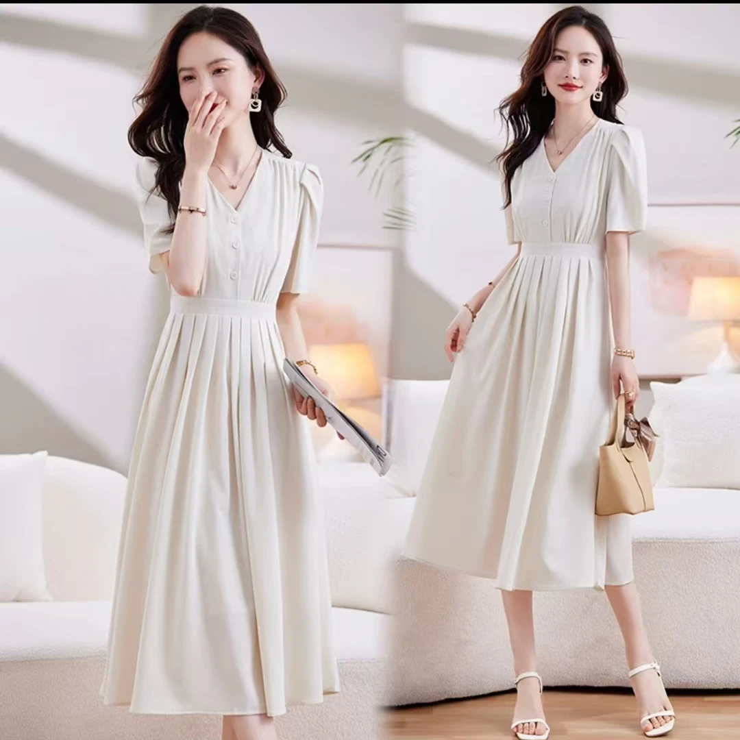 8860墨法式连衣裙女夏季新款优雅气质高腰领收腹垂感中长款裙子
