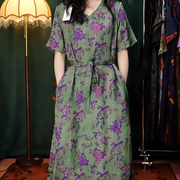 紫罗兰定制碎花连短袖贵气气质显瘦连衣裙