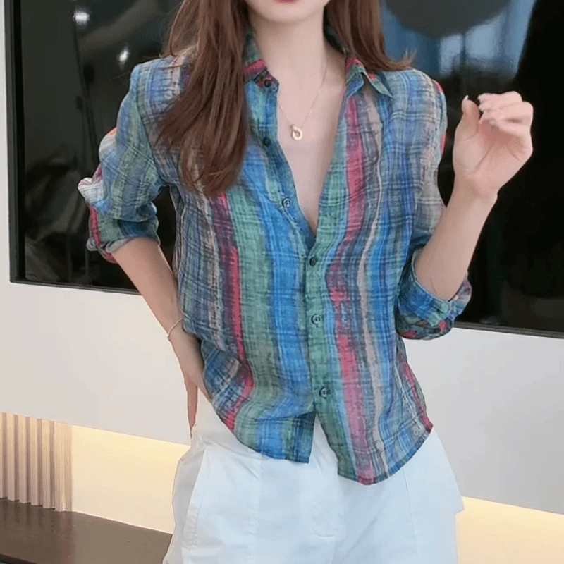 2025夏季宽松显瘦百搭减龄小众上衣港风复古撞色条纹长袖衬衫女装