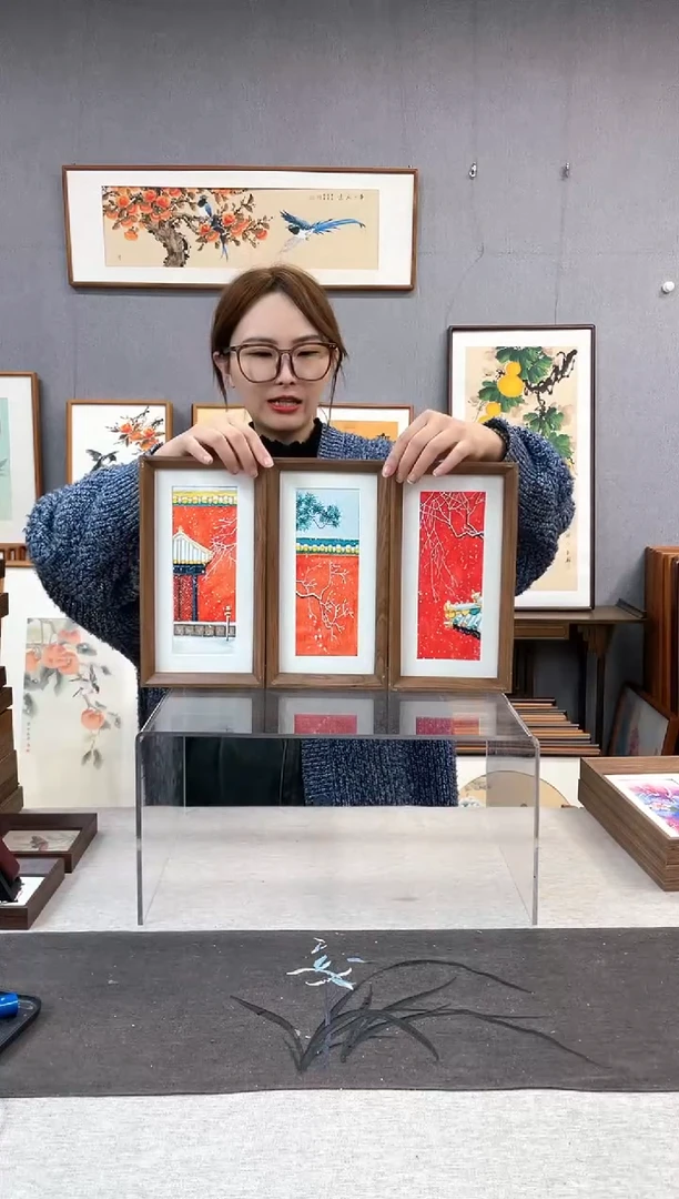 【闪购商品】国画手写手绘带框作品-16*29-三个一套