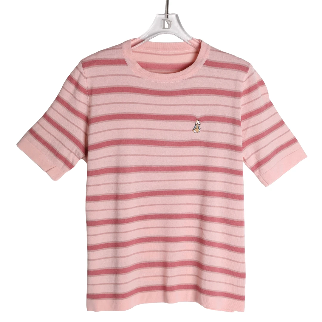 DYY品牌春夏新款小兔子刺绣撞色条纹短袖宽松圆领上衣YL353