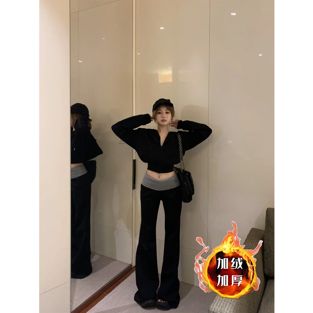 辣妹连帽拉链长袖卫衣外套上衣撞色微喇叭拖地裤加绒两件套女秋冬