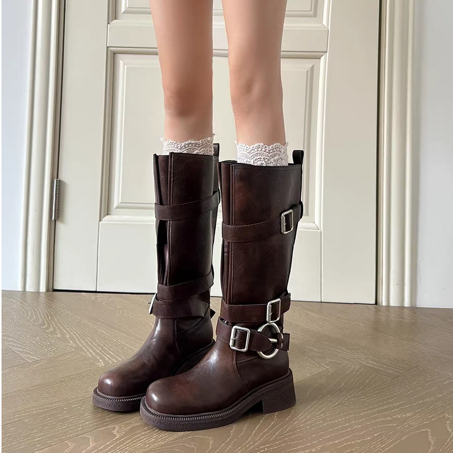 真皮版增高5CM三扣时装靴女秋冬新款百搭骑士靴大筒围真皮长靴子