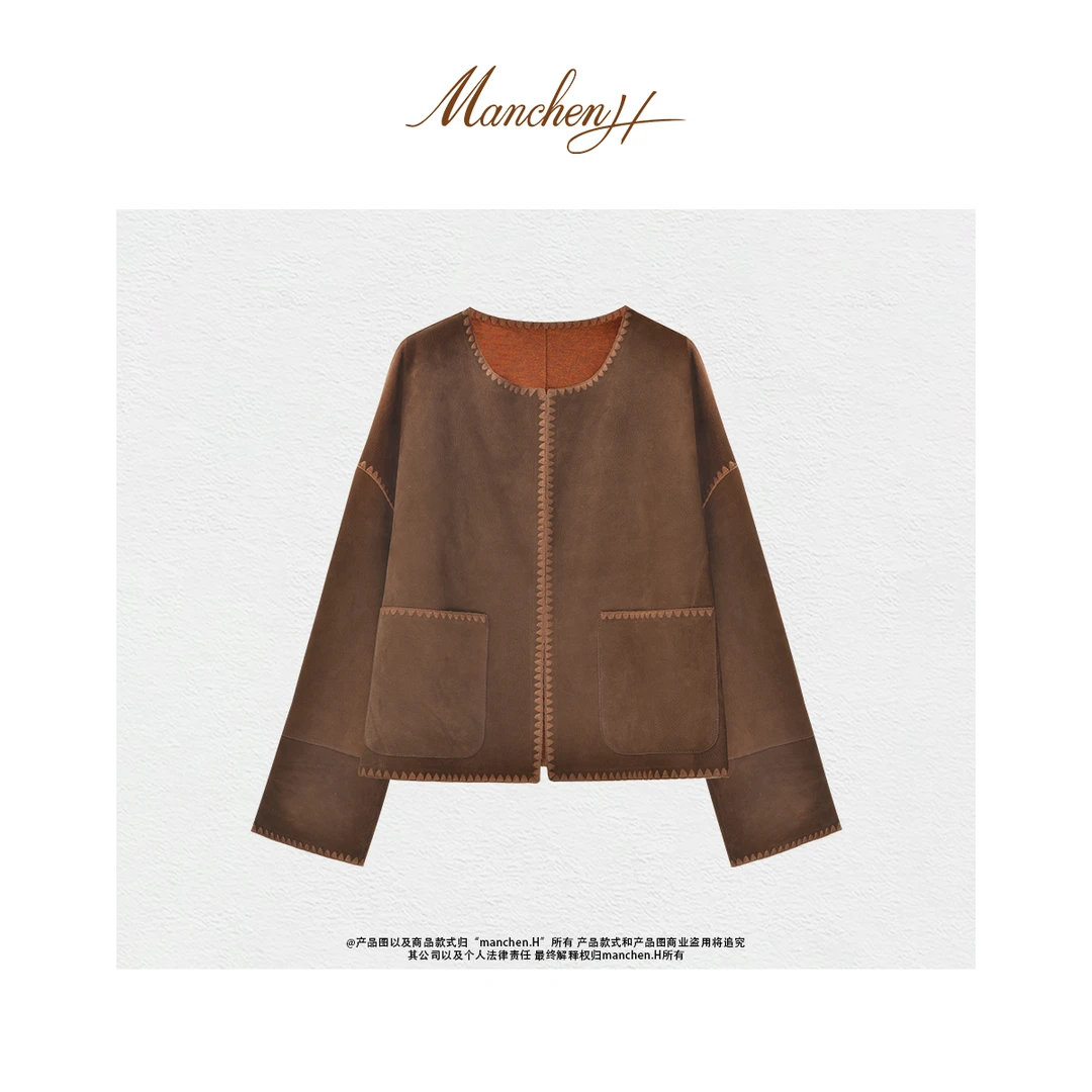 曼辰manchenh"奢咖夜曲"重磅小羊皮三角针边双面穿外套