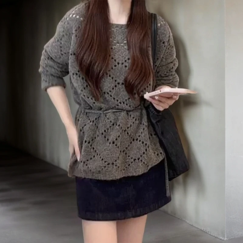 韩系时尚宽松高级感气质漂亮系带收腰镂空针织衫毛衣C5890