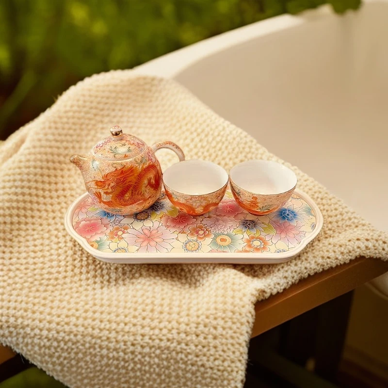 0310珐琅彩龙蛋壶+龙凤对杯带茶盘