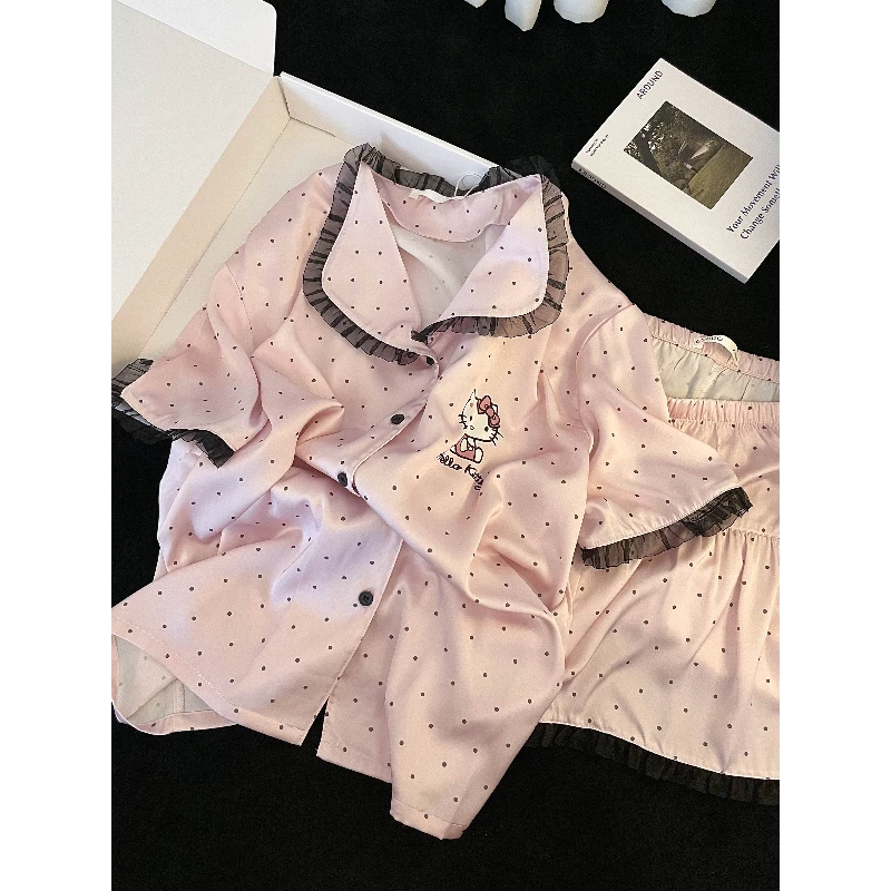 甜美可爱卡通凯蒂猫冰丝睡衣女春夏新款休闲短袖短裤家居服两件套