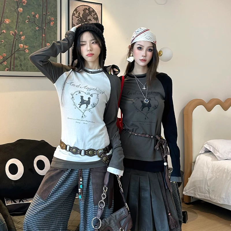 河岸家设计师AndAnything修身舞蹈女孩撞色插肩长袖T恤25秋冬