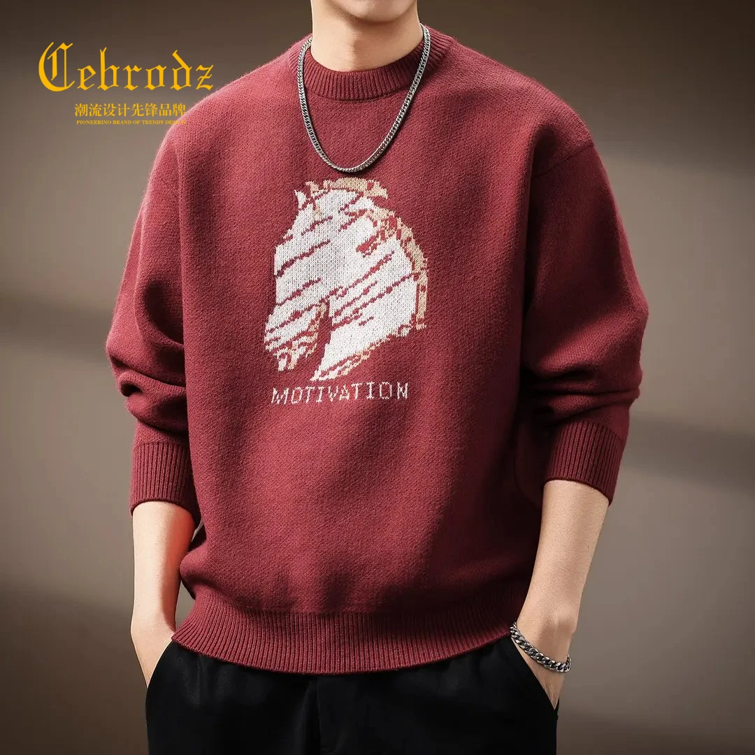法国Cebrodz高端骏马印花毛衣男士秋新款休闲圆领针织衫百搭简约