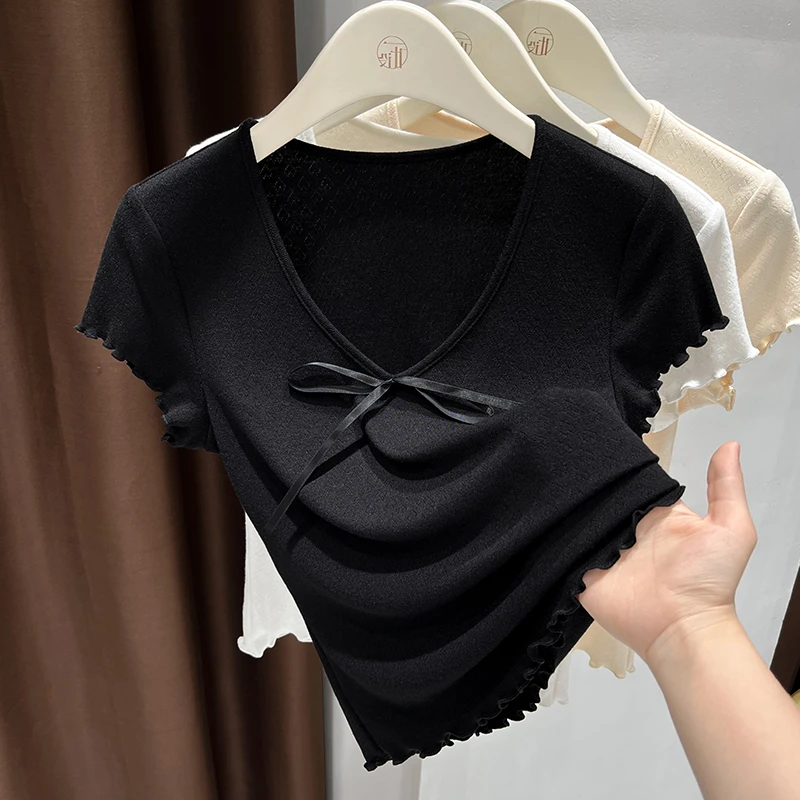 黑色百搭显瘦T恤夏季短款内搭V领上衣女小众设计感短袖针织打底衫