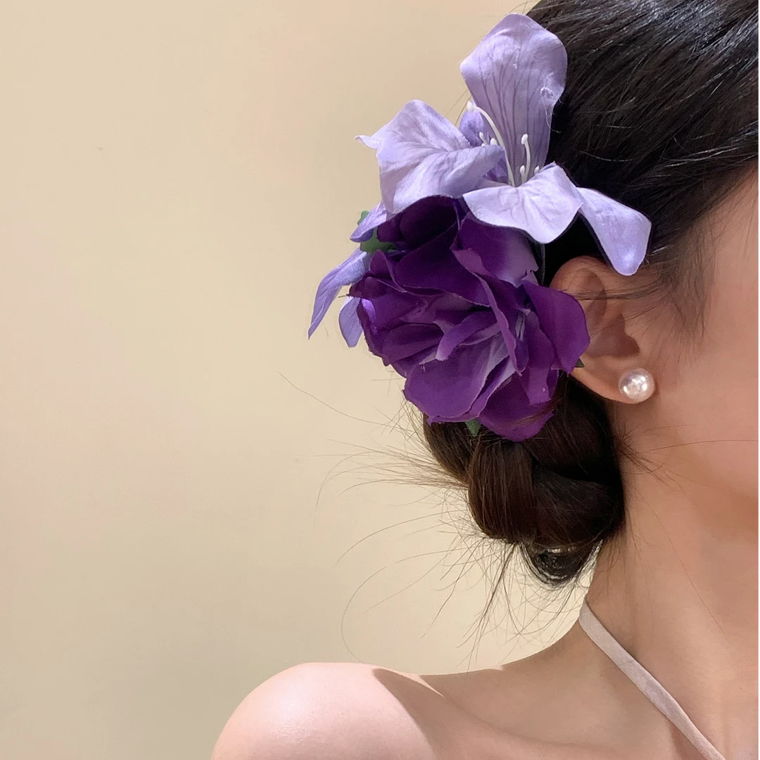 紫霞仙子 韵味紫色玫瑰花发夹女氛围感仿真花侧边夹头花发卡发饰