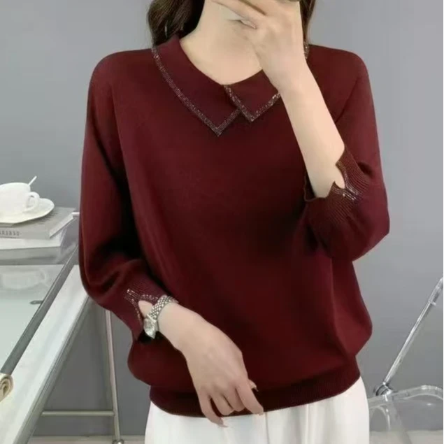 上海陈姐服饰翻领水钻装饰针织衫