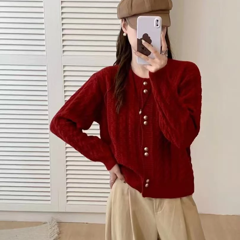 小鑫肝@现货浮力重工麻花提花带扣可开衫休闲百搭毛衣 9116