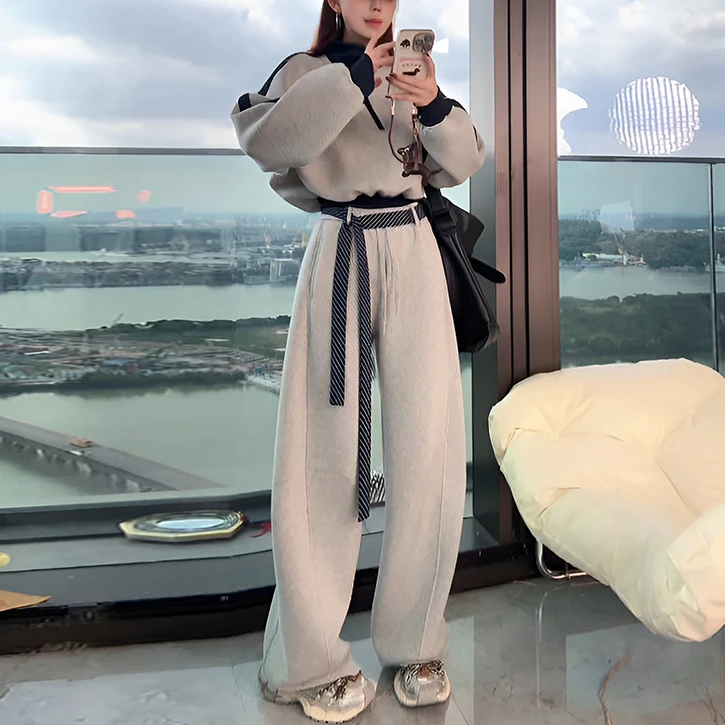 美式复古慵懒风运动卫衣套装女时髦撞色宽松休闲裤两件套