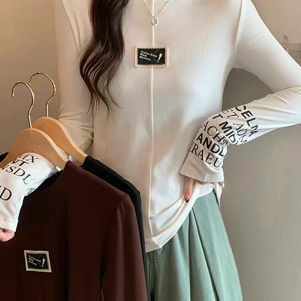 大码圆领字母印花拼接撞色长袖T恤女宽松时尚打底上衣潮2025新款