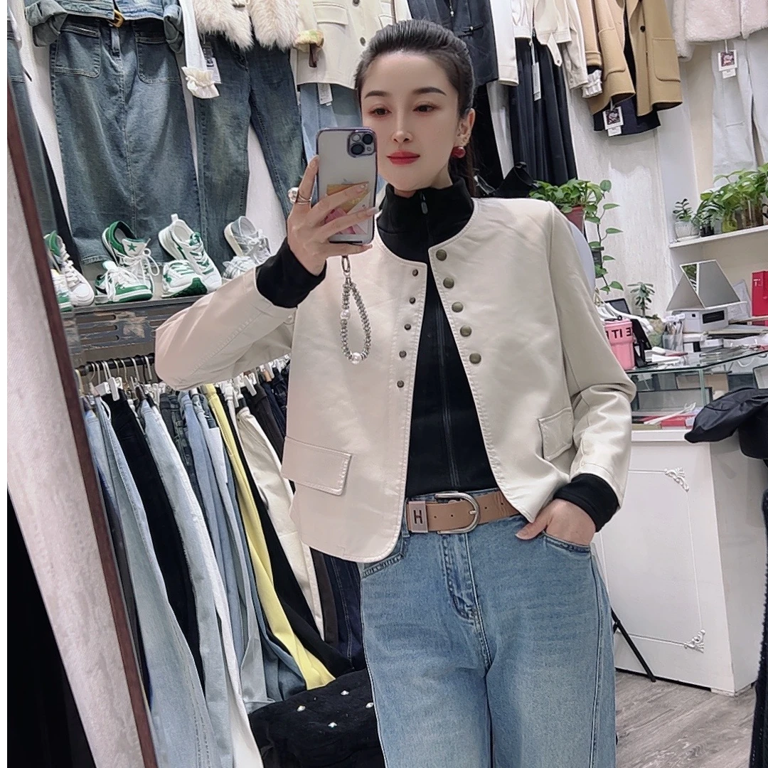 利姐家 新款金属扣短款皮衣