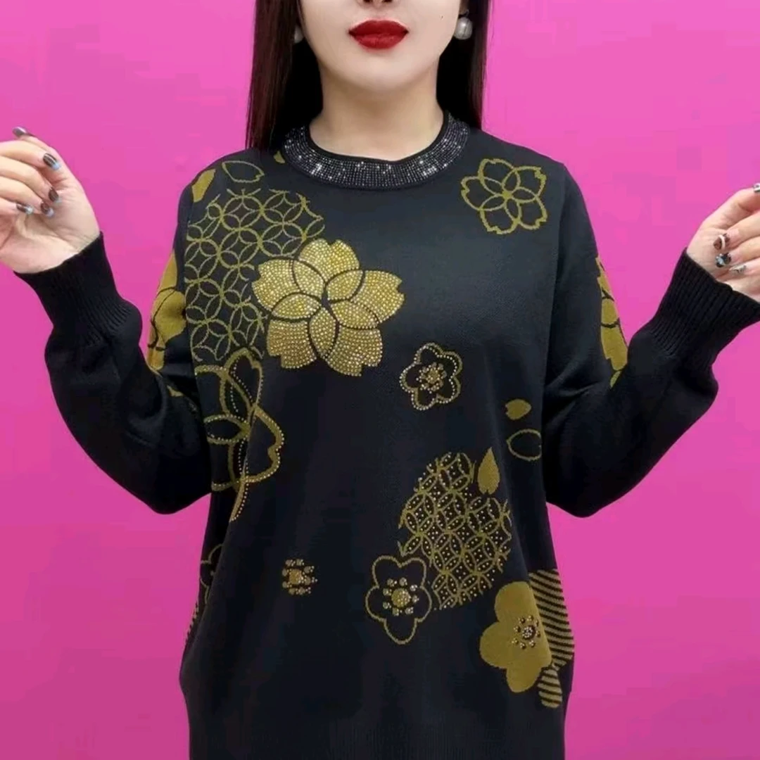 复古印花中年妈妈圆领外套2025新款宽松气质百搭长袖时尚打底衫