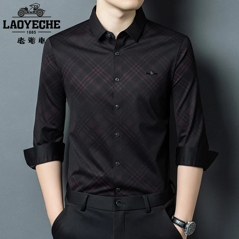 老爷车长袖衬衫休闲男春秋季款高档无痕弹力格子中年男士时尚衬衣