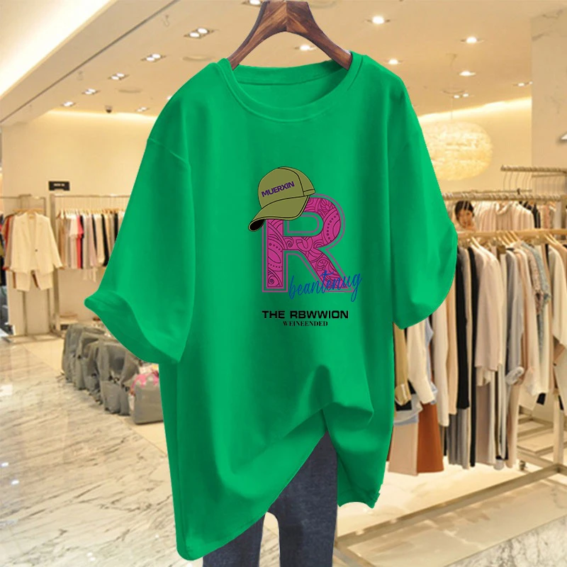 中长款绿色复古纯棉短袖T恤女2025新款欧货大版宽松美式小众上衣m