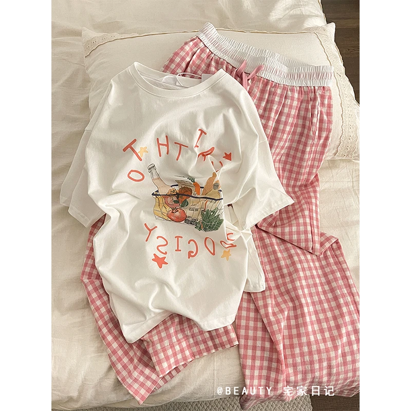 甜美少女风慵懒宽松短袖T恤居家服睡衣女夏款粉色格纹长裤两件套
